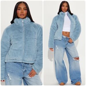 Fashion Nova Elizabeth Faux Fur Jacket – Dusty Blue – Size 1X
